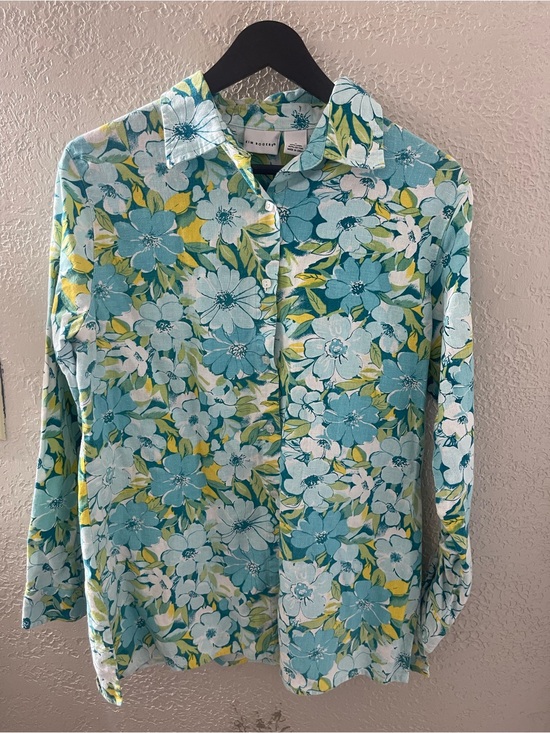 Kim Rogers Tops - Kim Rogers Casual Aqua and Yellow Floral Linen Shirt Small Adjustable Sleeves